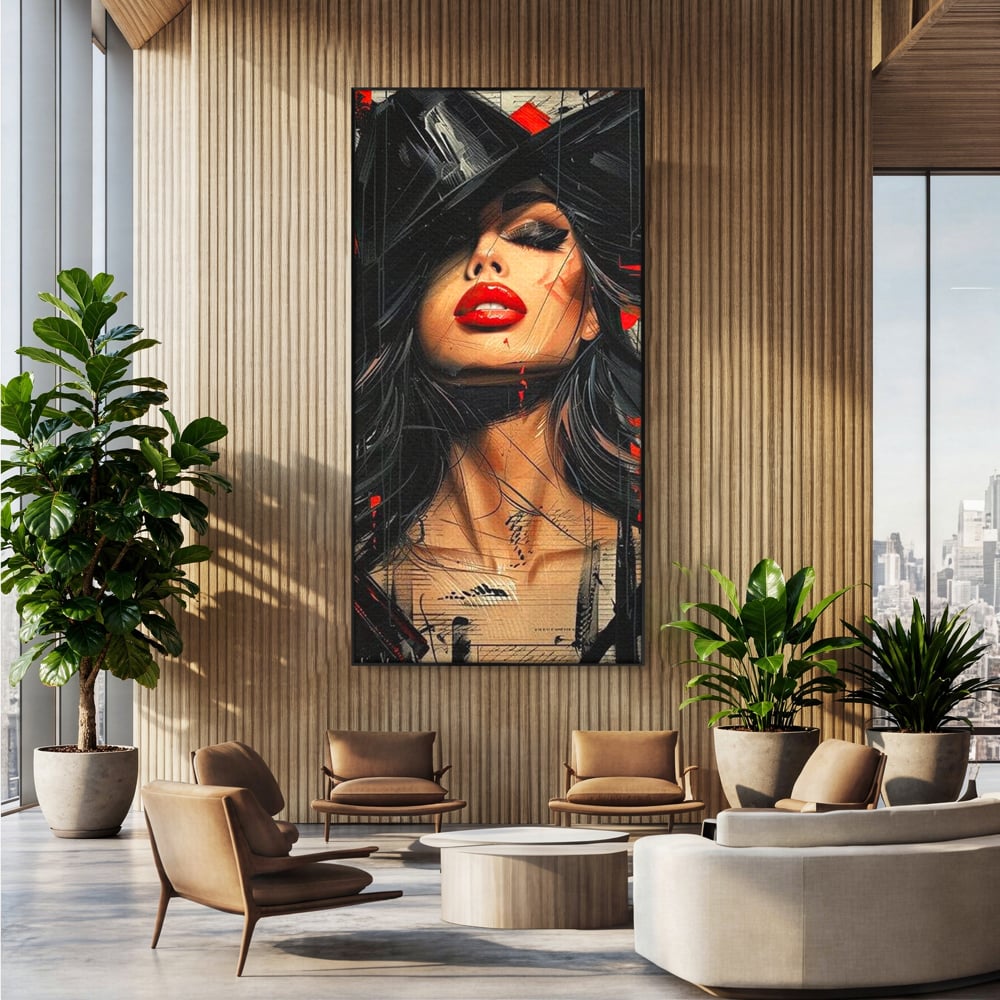 Tablou canvas cu tablou canvas cu portret stilizat de femeie, in rama de aluminiu negru, pe perete intr-un birou